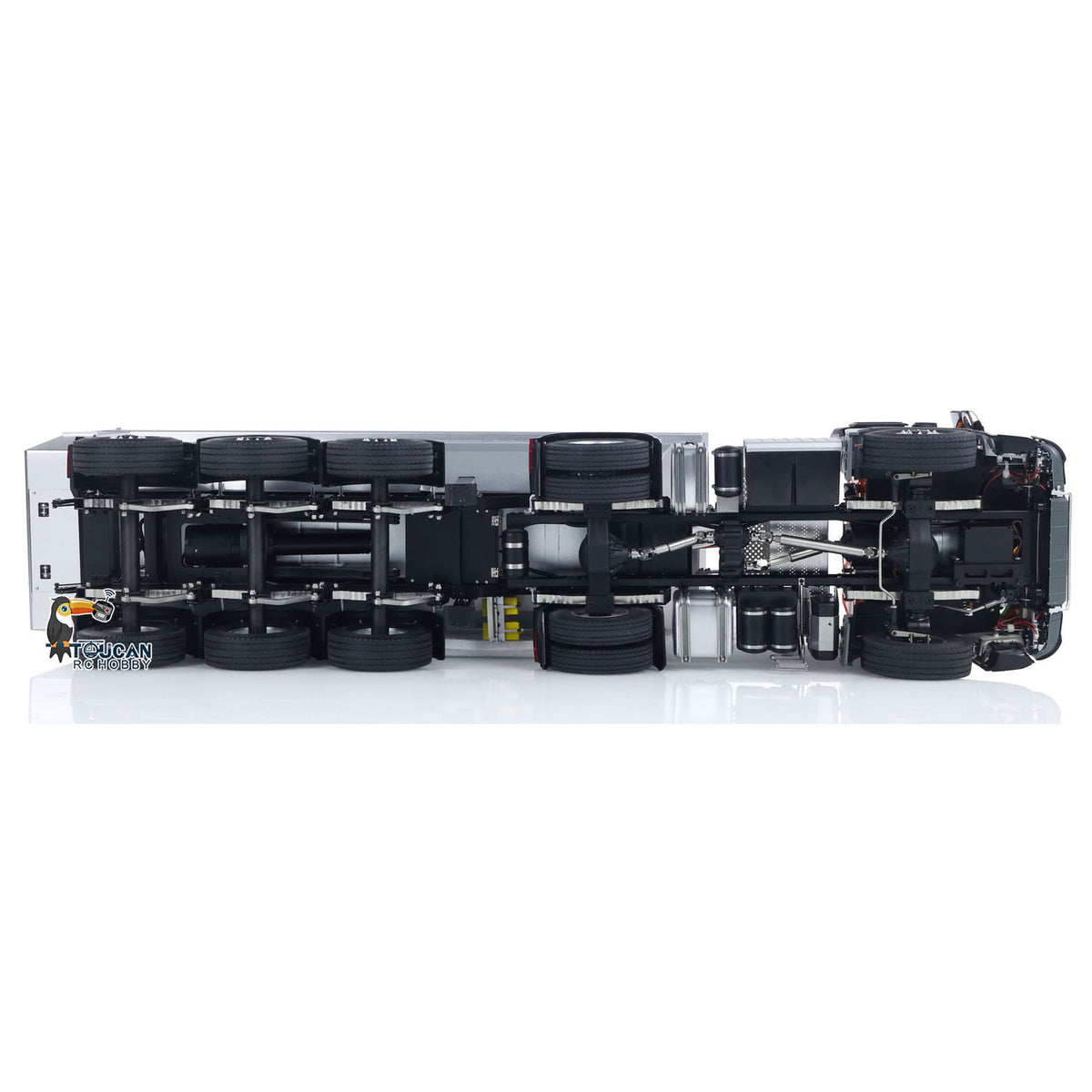 KABO-5801 1/14 RC Tractor Truck And Dump Trailer Full Bottom Chassis Overhead View,4x4 Drivetrain And Trailer Axle Layout