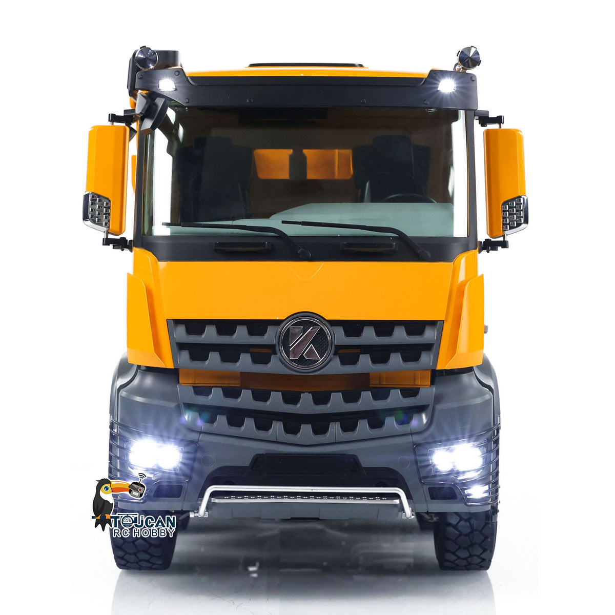 KABO-K3366 1/14 RC 8x8 Dump Truck Front Face With Lights On,Full LED Light System Scale RC Truck Front Detail