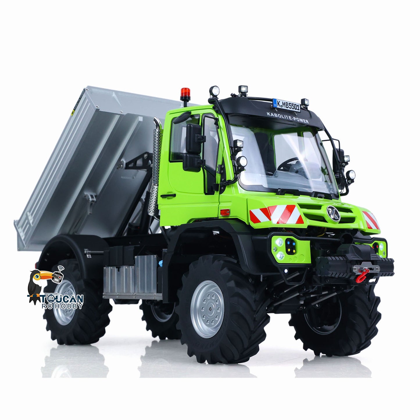 KABO K5501 1/14 RC 4X4 Off-Road Dump Truck Green, Tilted Dump Body Dumping Pose, Electric Linear Actuator Lift System