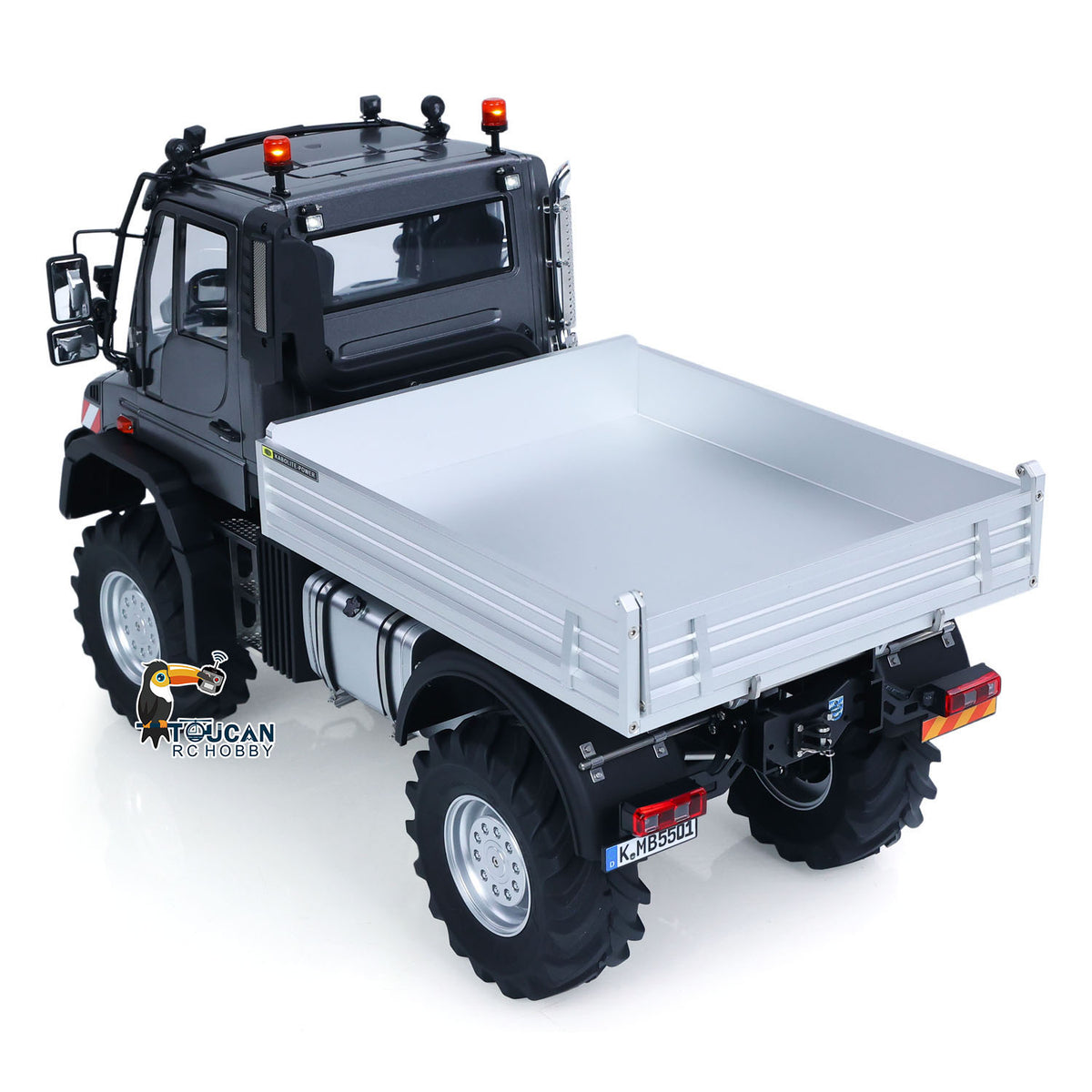 KABO K5501 1/14 RC 4X4 Off-Road Dump Truck Gray Left Rear Oblique View, Flat Metal Dump Body, Off-Road Tire Set