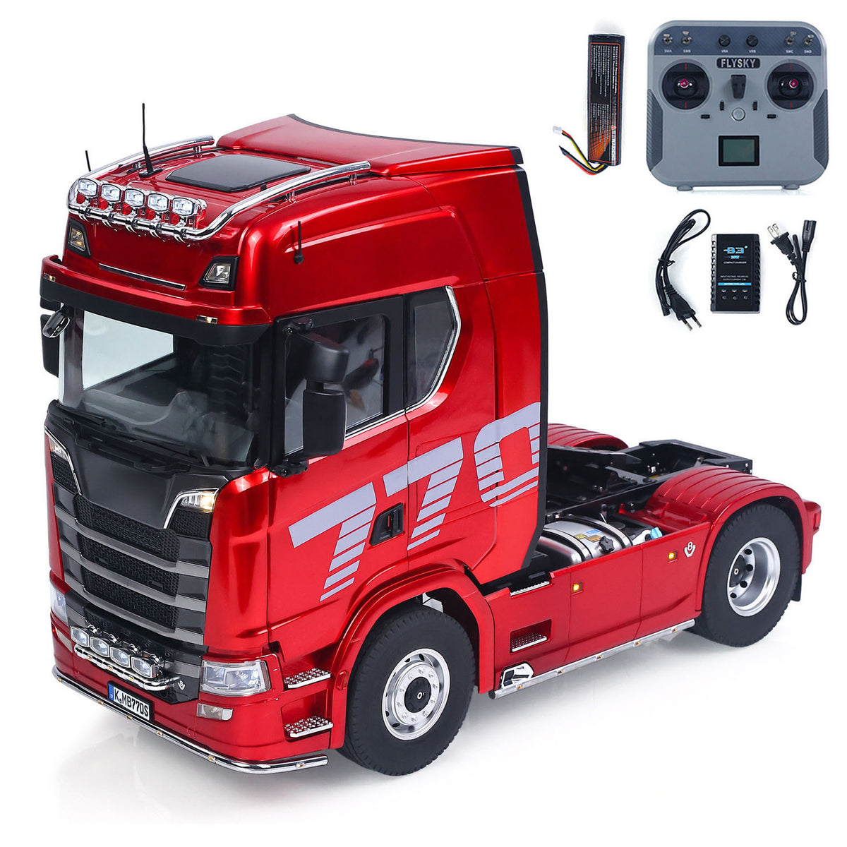 KABO K770S-100 1/14 RC 4X2 Tractor Truck, Red Semi-Metal Version, 2-Speed Gearbox, Rear Axle Differential Lock, Light & Sound System, Flysky L12 Transmitter, 7.4V 5800mAh Battery & Charger Included, Ready to Run