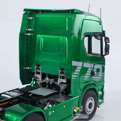 KABO-K770S-100 1/14 RC 6x6 Tractor Truck Green Tilted Cabin Rear-Side View,Open Cab Structure For Maintenance Access