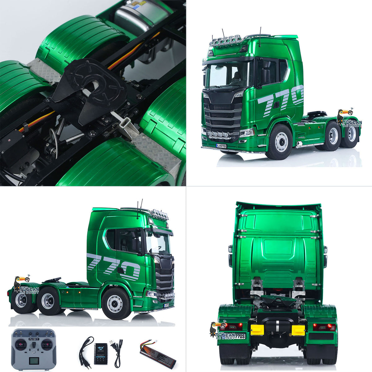 KABO-K770S-100 1/14 RC 6x6 Tractor Truck Green Multi-View Collage,Cab Exterior And Fifth-Wheel Coupler Display