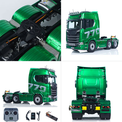 KABO-K770S-100 1/14 RC 6x6 Tractor Truck Green Multi-View Collage,Cab Exterior And Fifth-Wheel Coupler Display