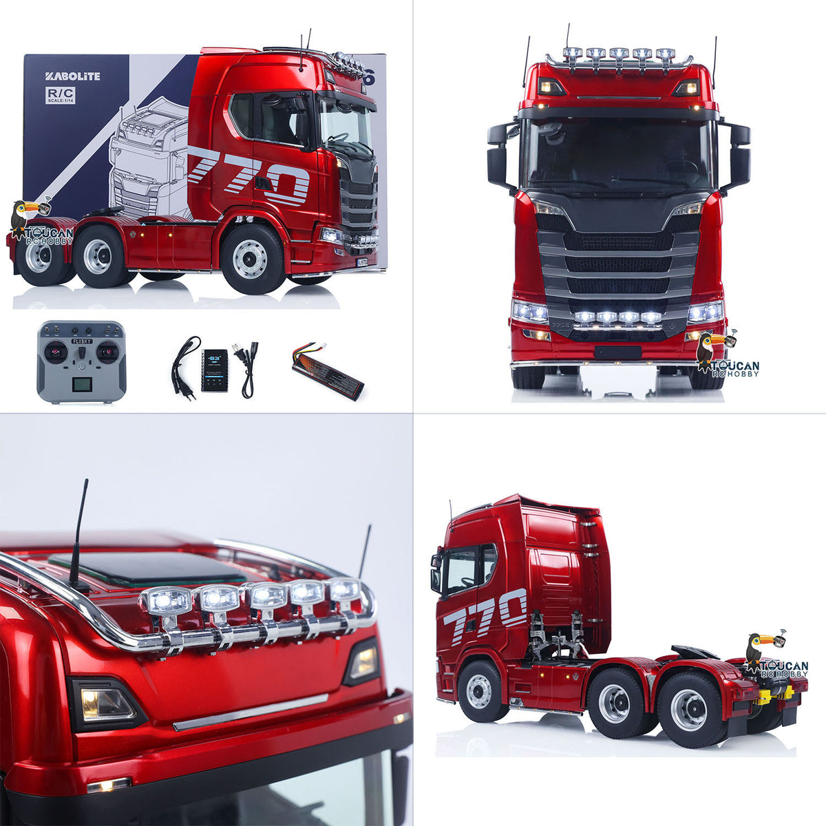 KABO-K770S-100 1/14 RC 6x6 Tractor Truck Red Accessories Multi-View Collage,RTR Ready-To-Run Model Overview