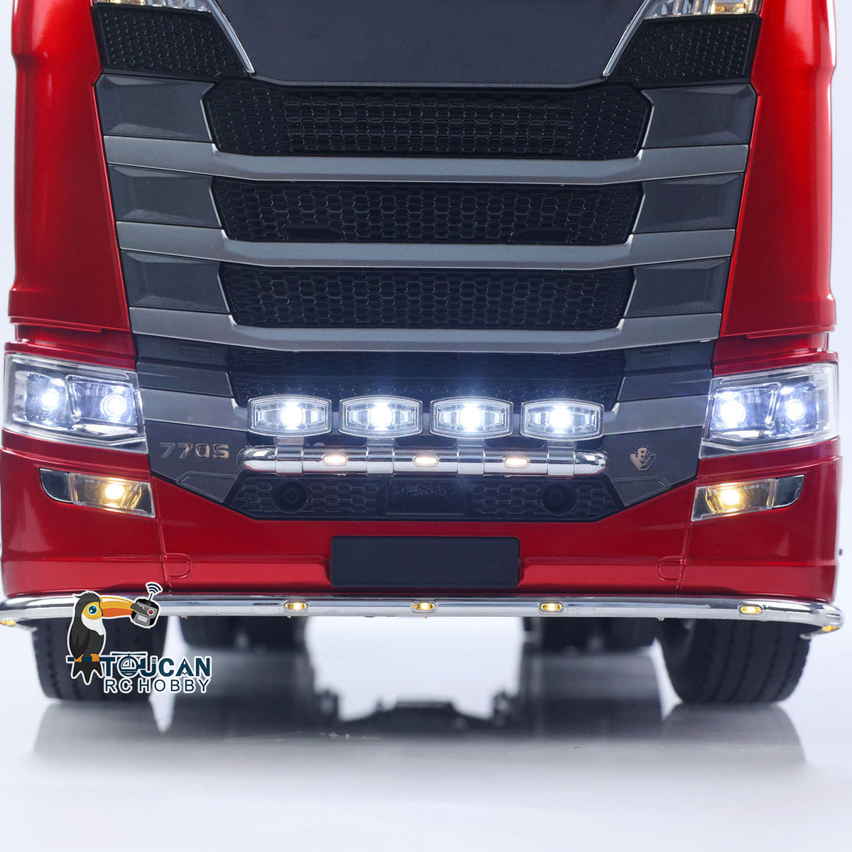 KABO-K770S-100 1/14 RC 6x6 Tractor Truck Red Straight-Front Close-Up,Functional LED Headlights Grille Simulation Details