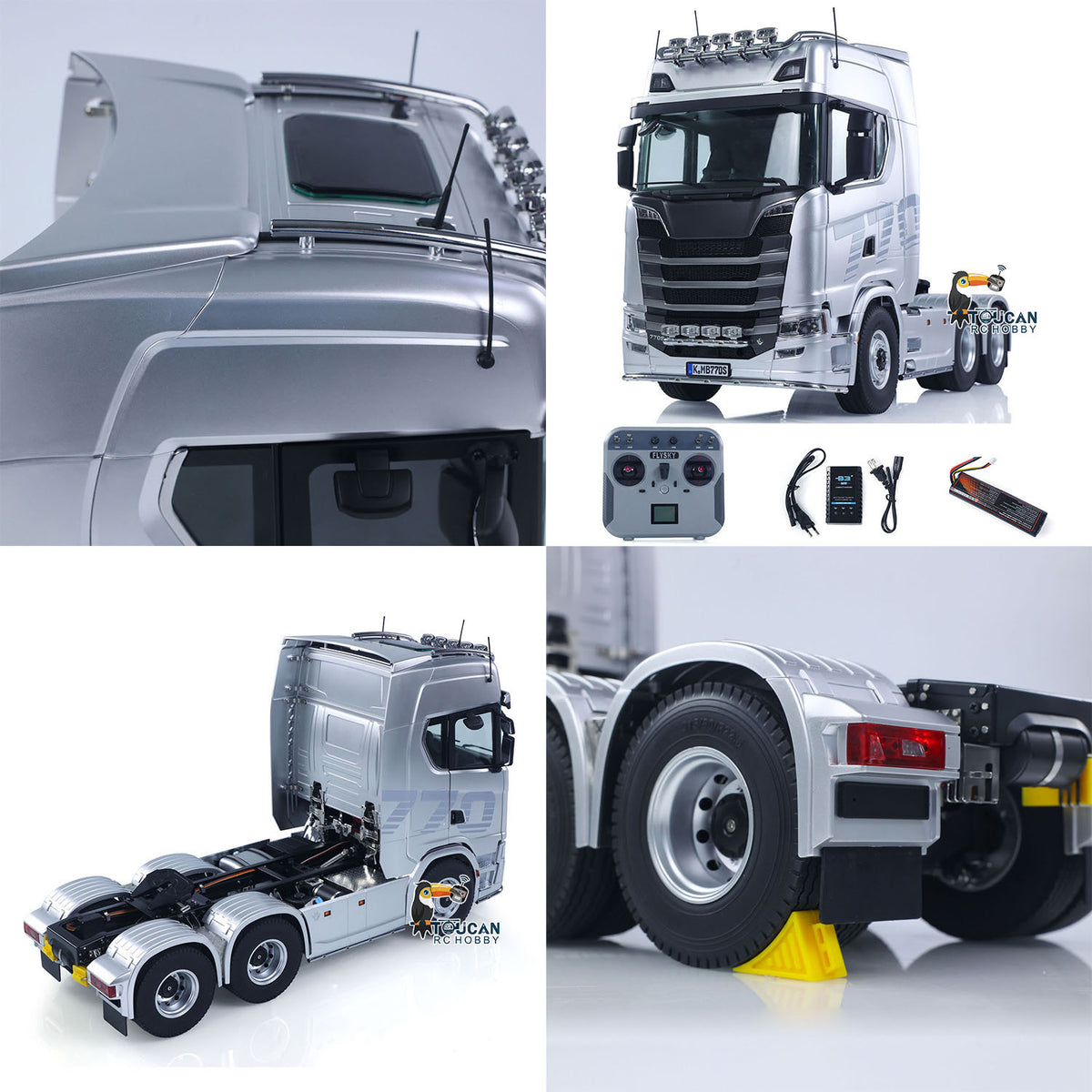 KABO-K770S-100 1/14 RC Tractor Truck Silver Multi-Angle Collage,Multiple Views Of Scale RC Tractor Model