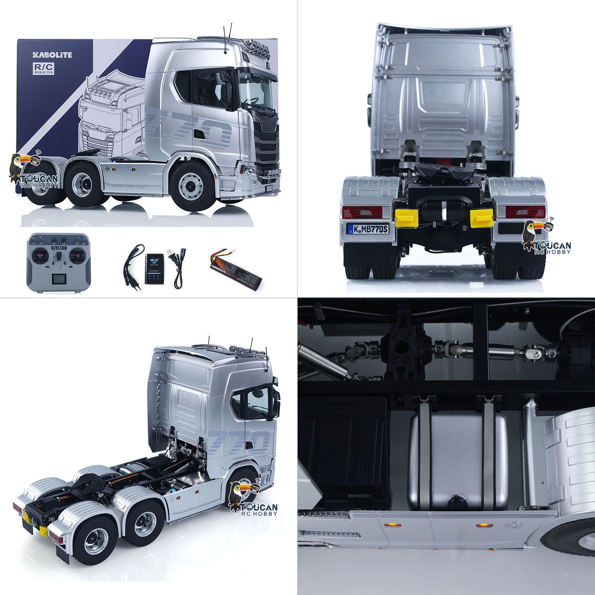 KABO-K770S-100 1/14 RC 6x6 Tractor Truck Silver Multi-View Collage,Cab Chassis And Coupler Details Overview
