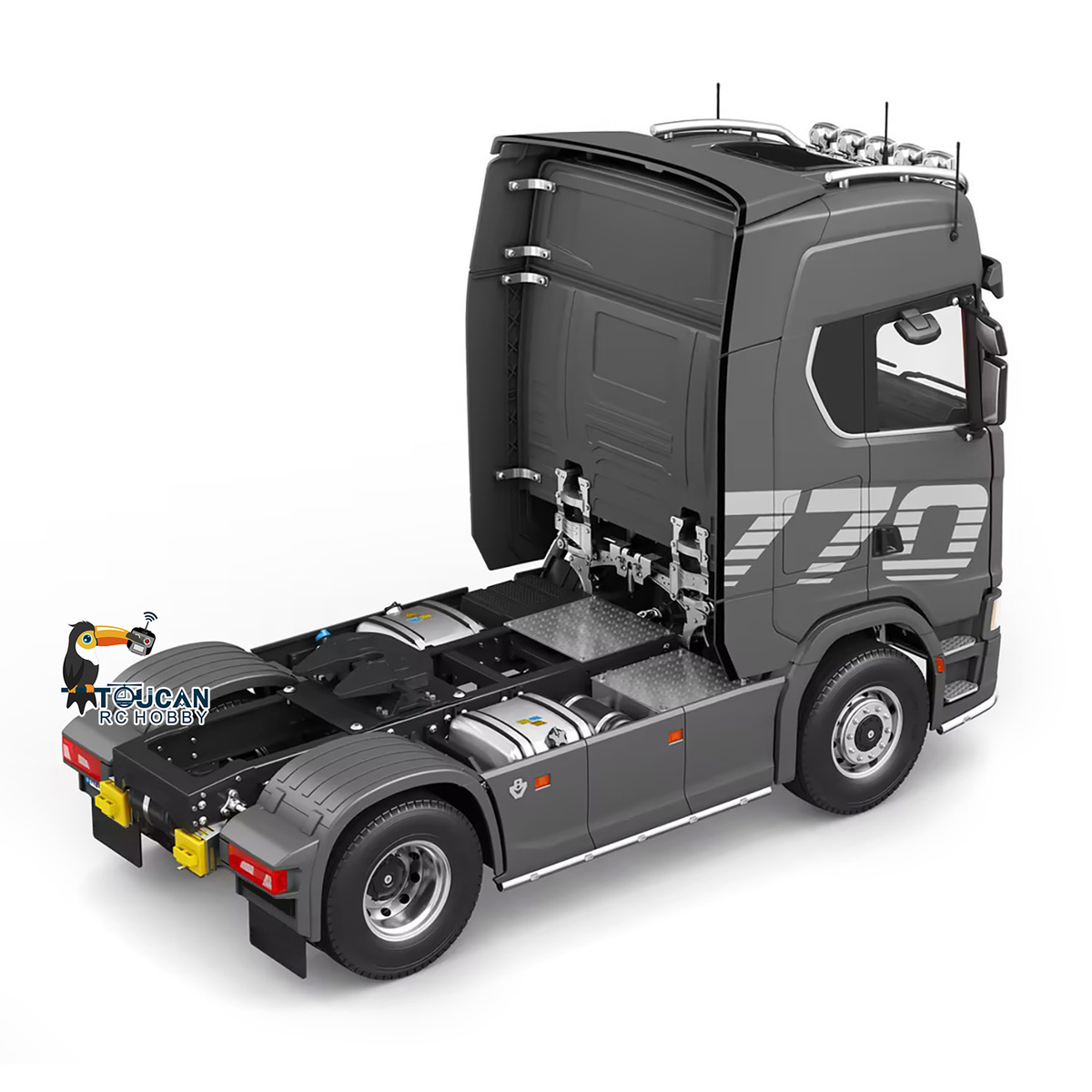 KABO K770S-100 1/14 RC 4X2 Tractor Truck Grey Right Rear Oblique View, Rear Chassis & Fifth Wheel Structure Detail