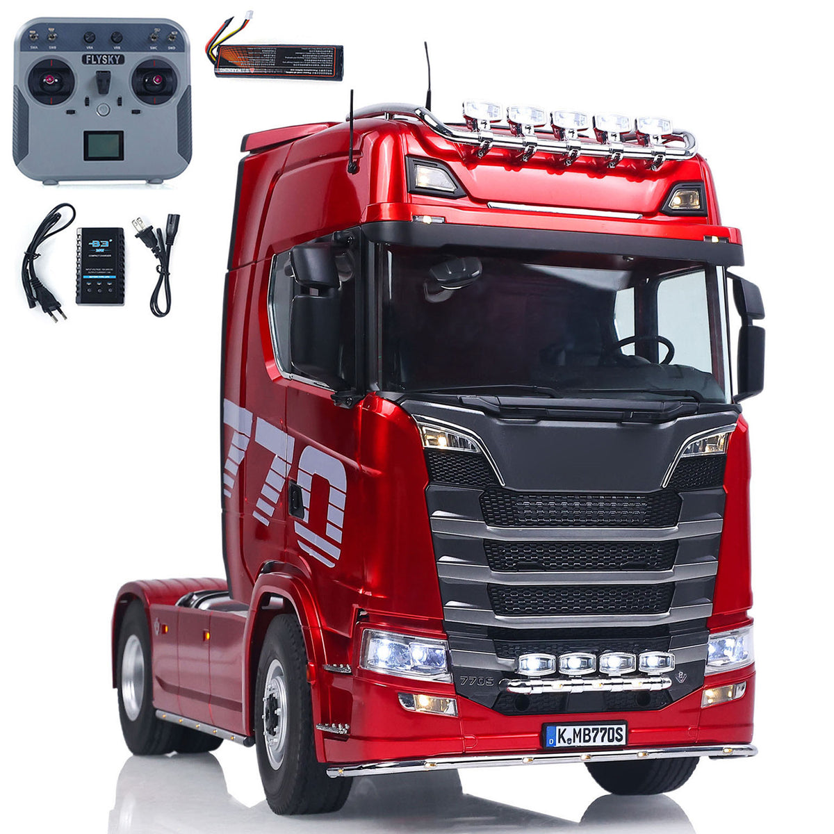 KABO K770S-100 1/14 RC 4X2 Tractor Truck Red Straight Front View, With Remote Controller, Functional Headlight & Marker Light System