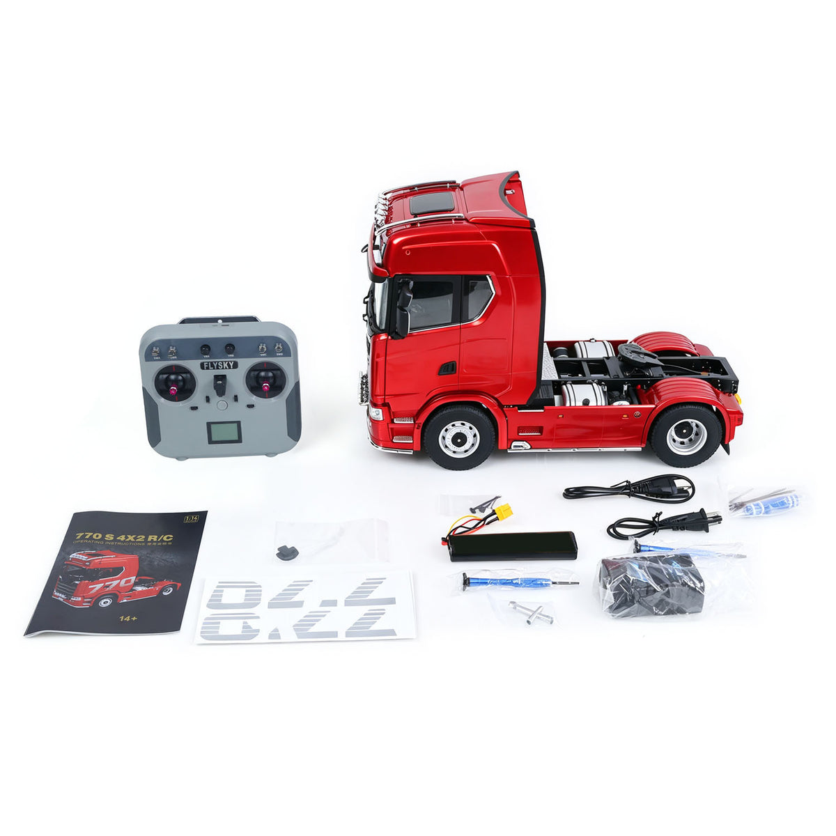 KABO K770S-100 1/14 RC 4X2 Tractor Truck Red Right Side Profile, With Full Accessory Set, Compatible With Most 1/14 Scale RC Semi-Trailers