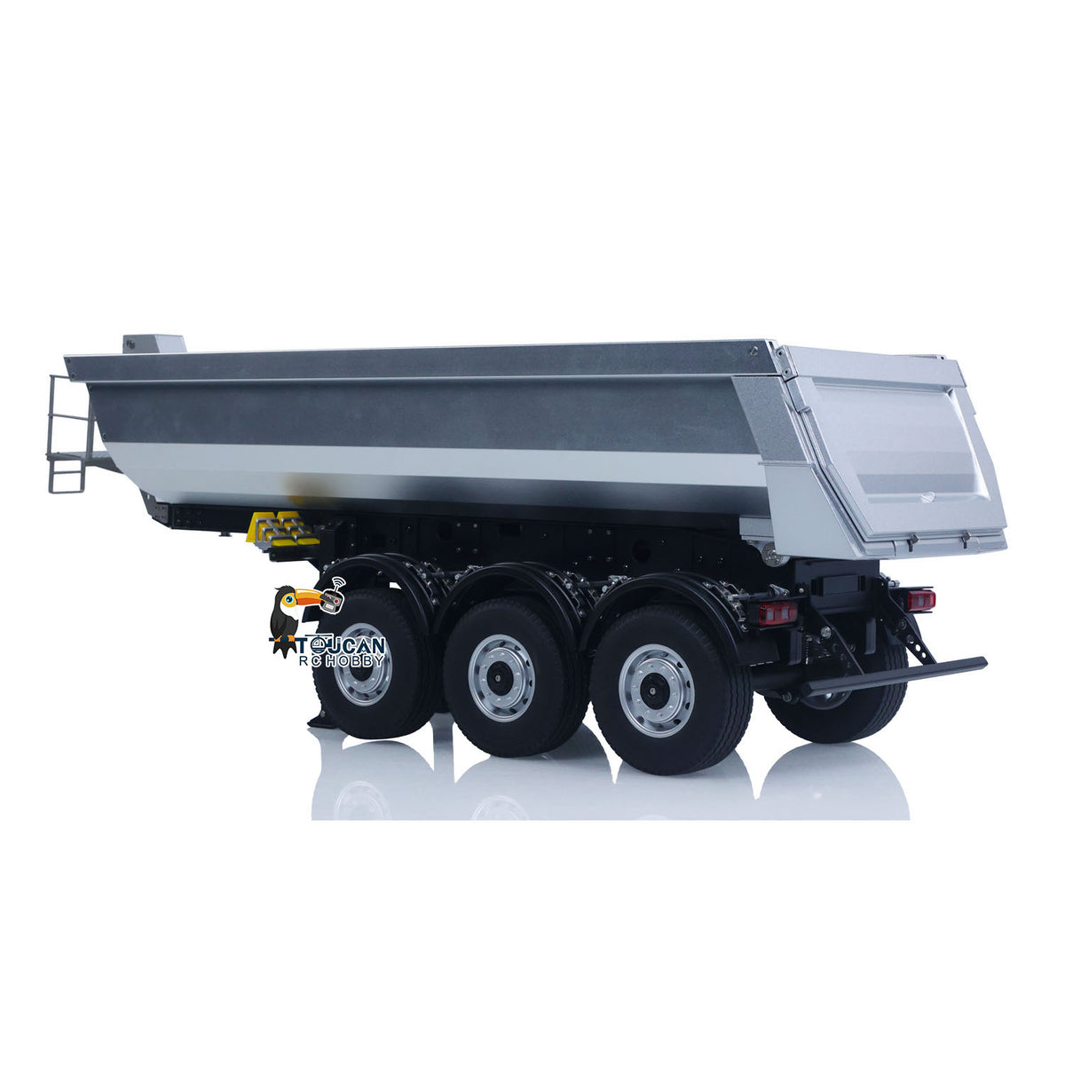 KABO-K770S-102 1/14 RC 3-Axle Dump Semi-Trailer Black Rear Oblique Static View,Functional LED Taillight Turn-Signal Light System