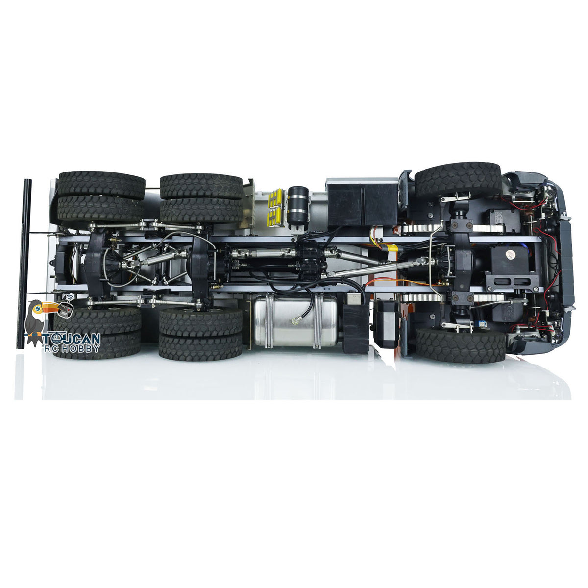 KABO‑K3364 1/14 RC 6x6 Dump Truck Full Bottom Chassis Overhead View,6x6 Drivetrain,Differential Lock And 2‑Speed Gearbox Layout