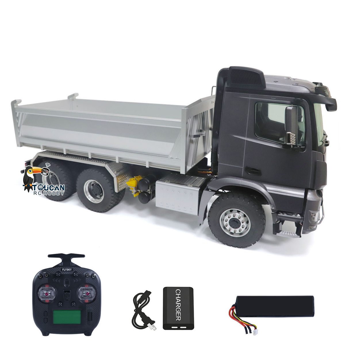 KABO‑K3364 1/14 RC 6x6 Dump Truck Gray Full Side Static View,Integrated Light And Sound RC Construction Vehicle