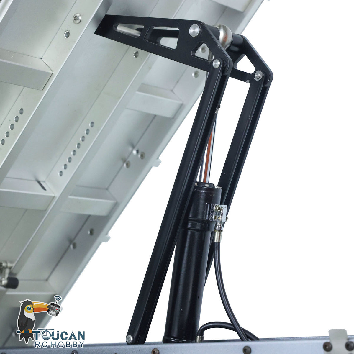 KABO‑K3364 1/14 RC 6x6 Dump Truck Hydraulic Cylinder Bracket Close‑Up,Metal Lifting Mechanical Assembly Detail
