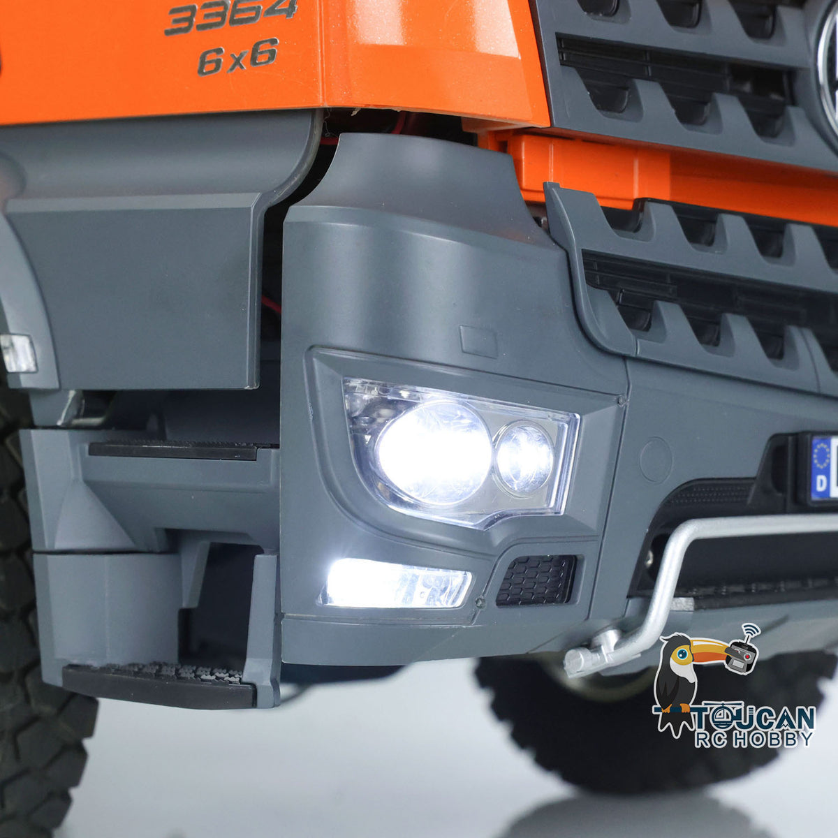 KABO‑K3364 1/14 RC 6x6 Dump Truck Orange Front Bumper Headlight Close‑Up,Front Exterior Simulation Details