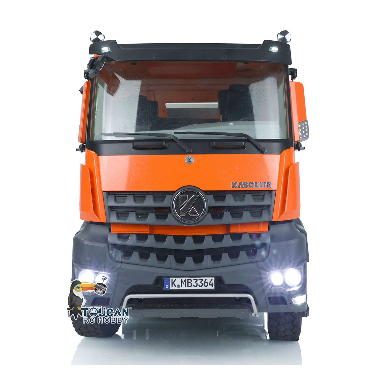 KABO‑K3364 1/14 RC 6x6 Dump Truck Orange Front Face Lights‑On View,Built‑in LED Lighting System Scale RC Truck