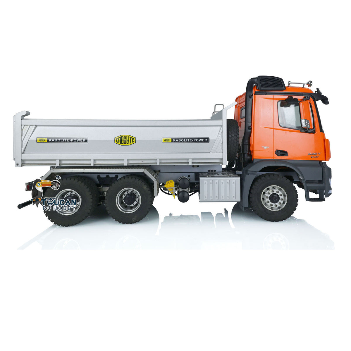 KABO‑K3364 1/14 RC 6x6 Dump Truck Orange Side Flat‑Bed View,CNC Aluminum Cargo Bed RC Off‑Road Truck
