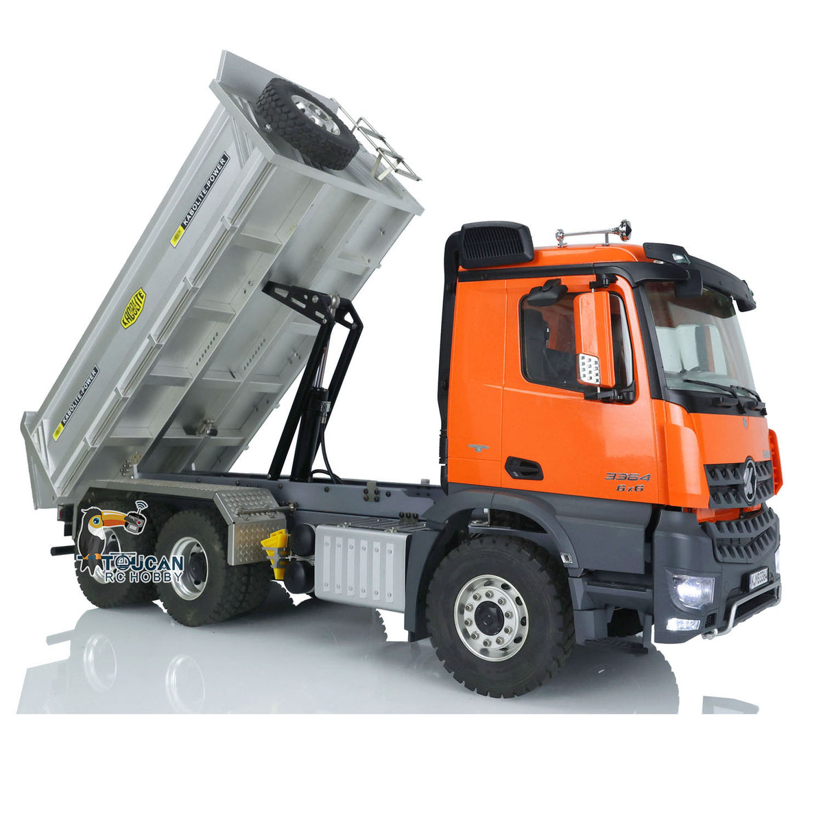 KABO‑K3364 1/14 RC 6x6 Dump Truck Orange Side Full High‑Lift View,Realistic RC Construction Scene Operation