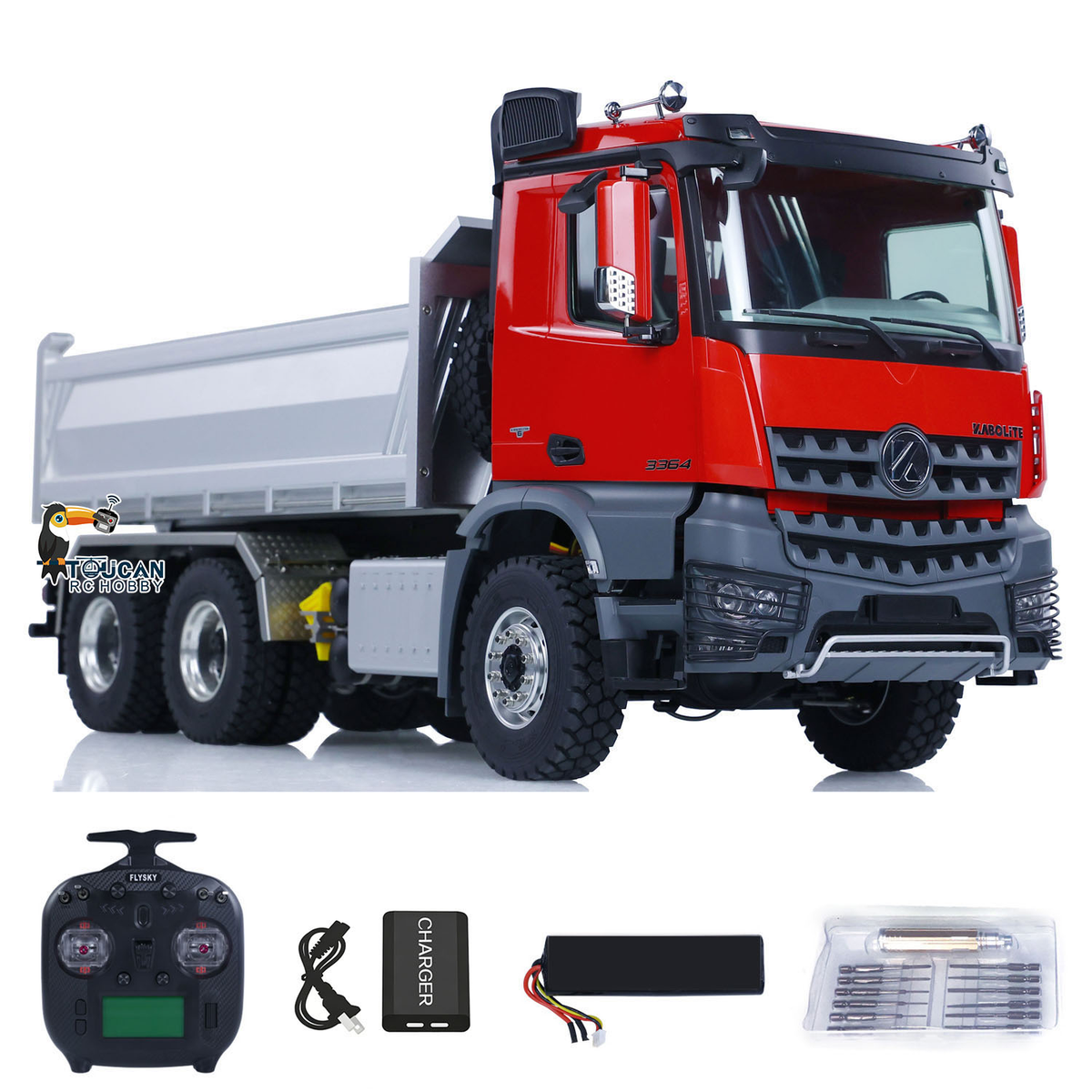 KABO‑K3364 1/14 RC 6x6 Dump Truck Red Version Full Kit,CNC Aluminum Alloy Dump Bed RC Hobby Construction Truck