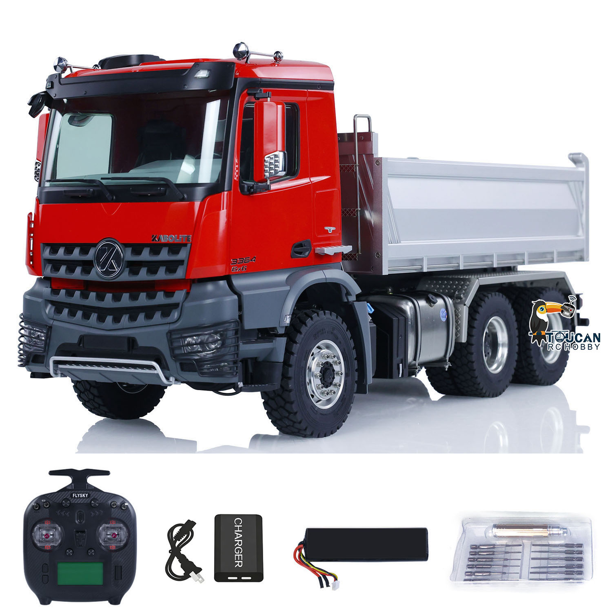 KABO‑K3364 1/14 RC 6x6 Dump Truck Red Rear‑Side Static View,Working Hydraulic Dump Bed RC Model