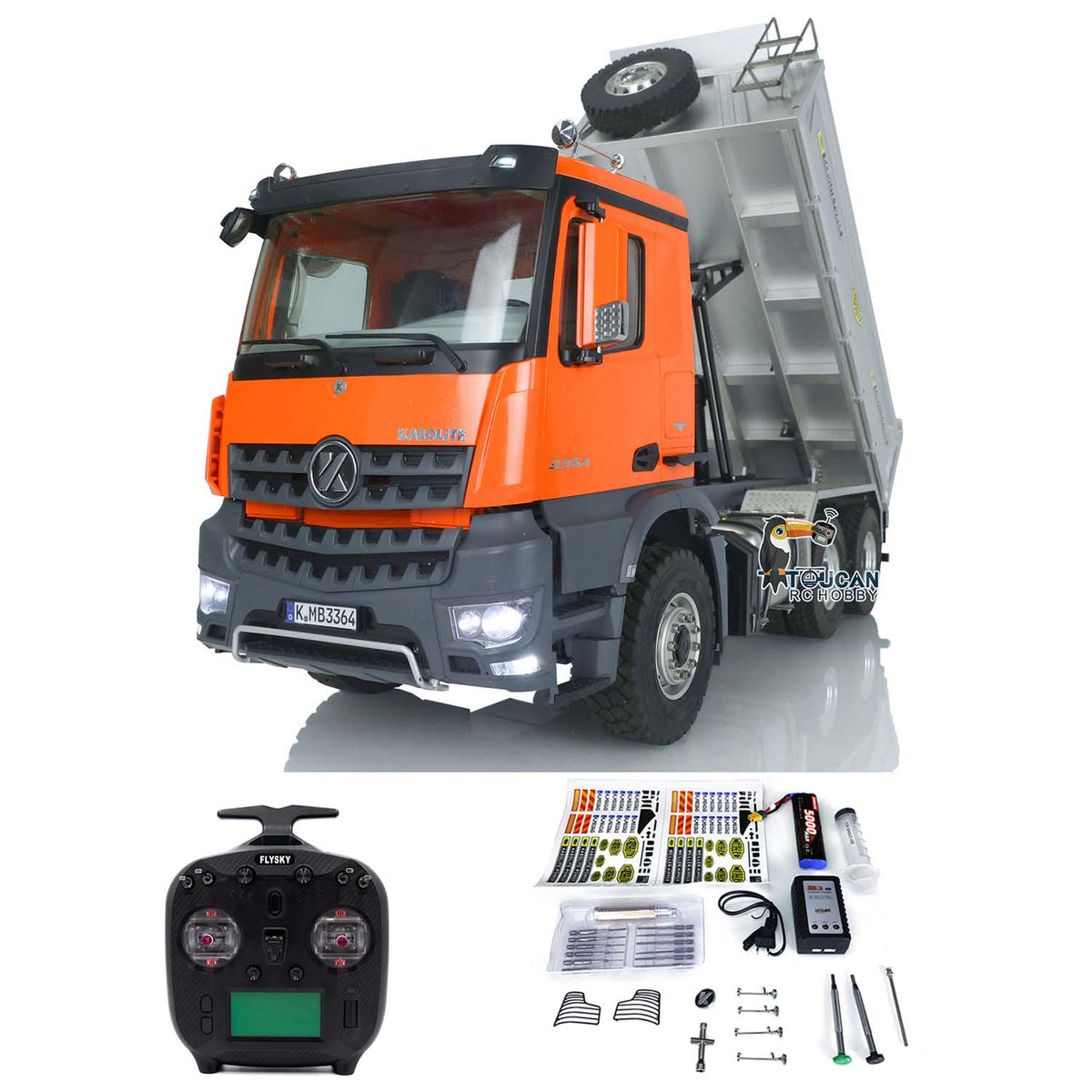 KABO‑K3364 1/14 Metal 6x6 RC Hydraulic Dump Truck Orange,2‑Speed Gearbox,Differential Lock,ST8 Transmitter,7.4V‑5000mAh Battery & Charger Included