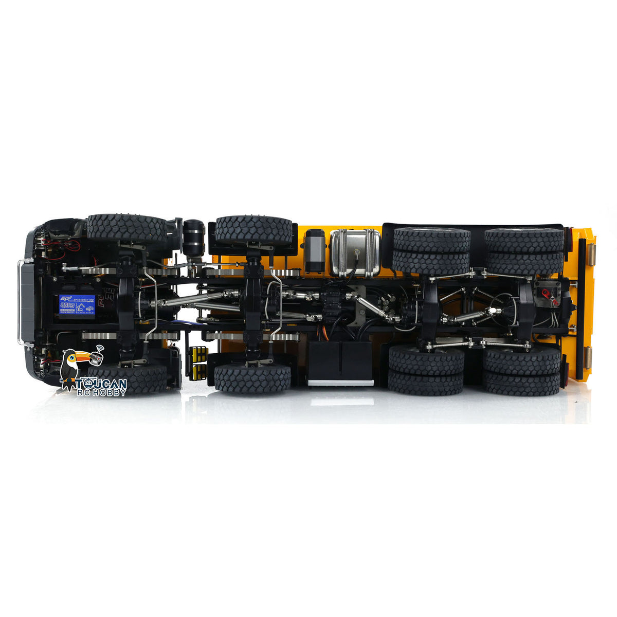 KABO‑K3365 1/14 RC 8x8 Dump Truck Full Bottom Chassis Overhead View,8x8 Drivetrain,Differential Locks And 2‑Speed Gearbox Layout
