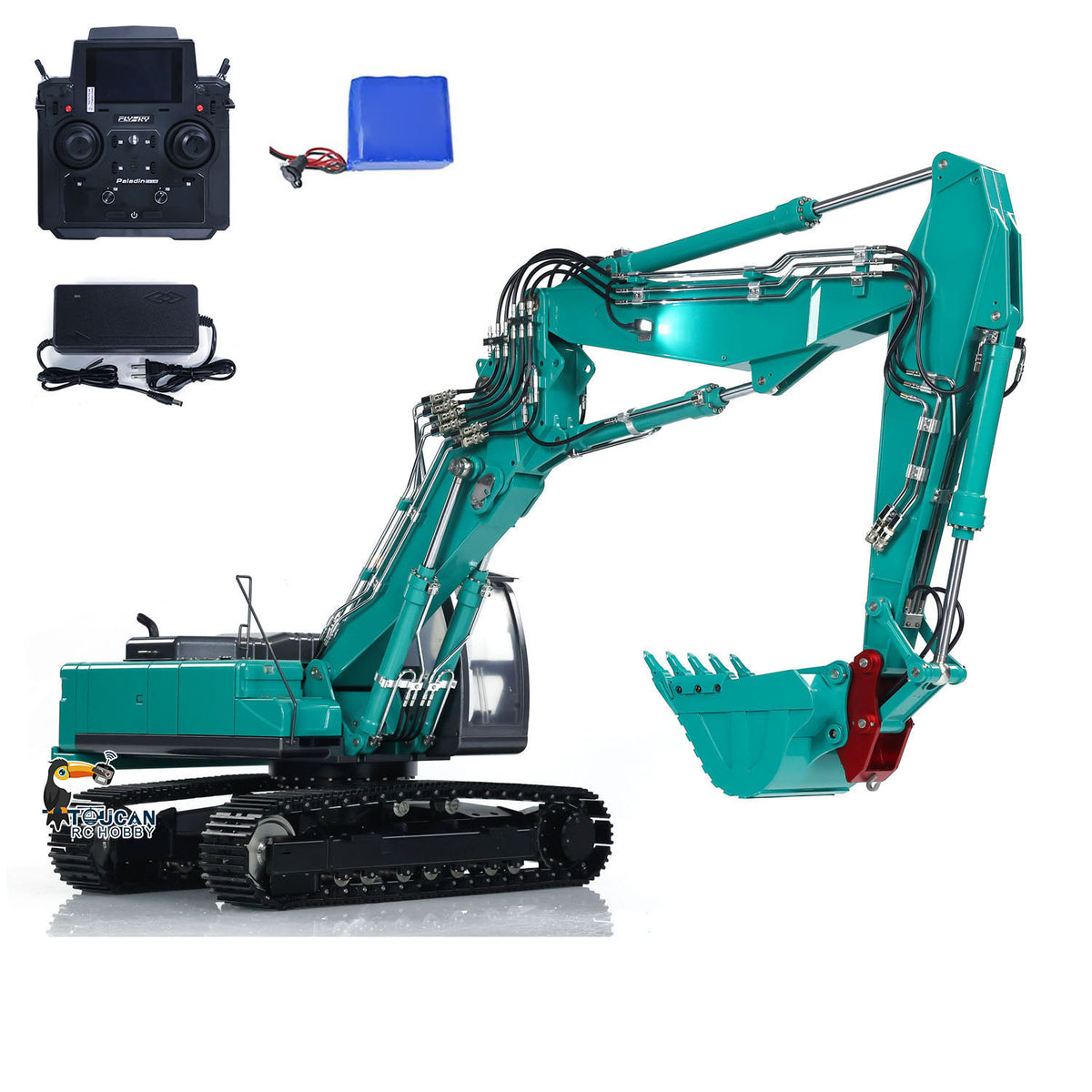KABO‑K350‑200 1/14 RC Hydraulic Excavator Green With Full Accessories,Hydraulic Quick Coupler 7‑Way Hydraulic Valve