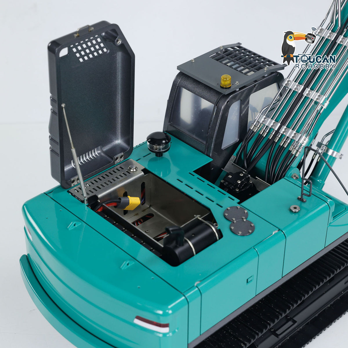 KABO‑K350‑200 1/14 RC Excavator Open‑Cab Overall View,Exposed Upper Deck Hydraulic And Electronic Layout