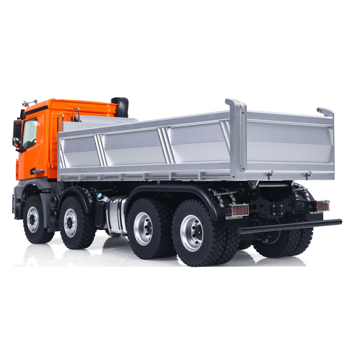 KABO‑K5703 1/14 RC 8x8 Dump Truck Orange Rear‑Side View,Flat Tipper Bed,Complete 8‑Axle Chassis Display