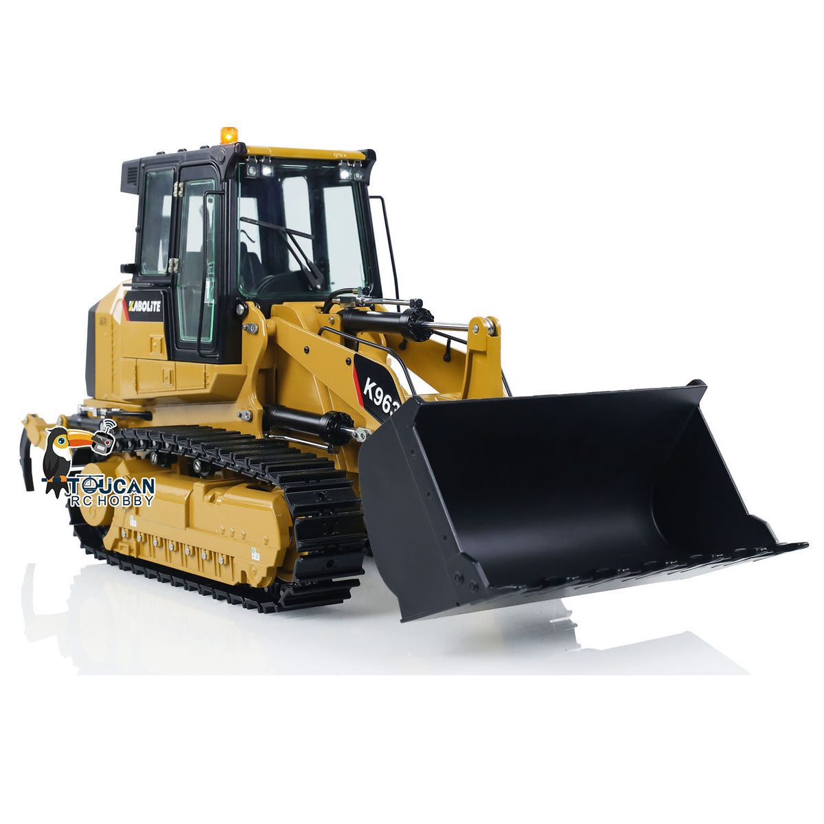 KABO‑K963‑100 1/16 RC Hydraulic Tracked Loader Yellow Oblique Working Pose,Multi‑Mode Functional Lighting System With Rotating Light Modes