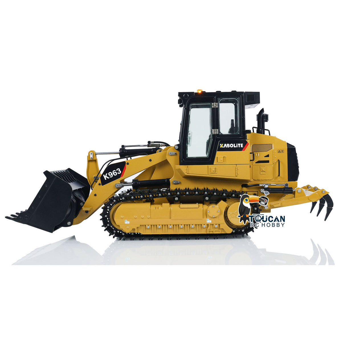KABO‑K963‑100 1/16 RC Hydraulic Tracked Loader Yellow Side Static View,Precise Dual‑Motor Drive For Forward,Reverse And Steering Control