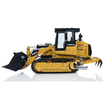 KABO‑K963‑100 1/16 RC Hydraulic Tracked Loader Yellow Side Static View,Precise Dual‑Motor Drive For Forward,Reverse And Steering Control