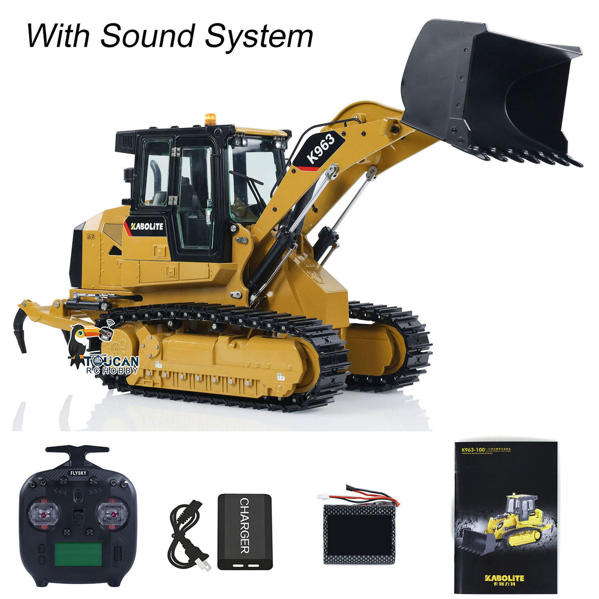 KABO‑K963‑100 1/16 RC Hydraulic Tracked Loader Yellow Boom‑Lift Working Pose,Full‑Metal Hydraulic Components For Realistic Arm And Bucket Movements