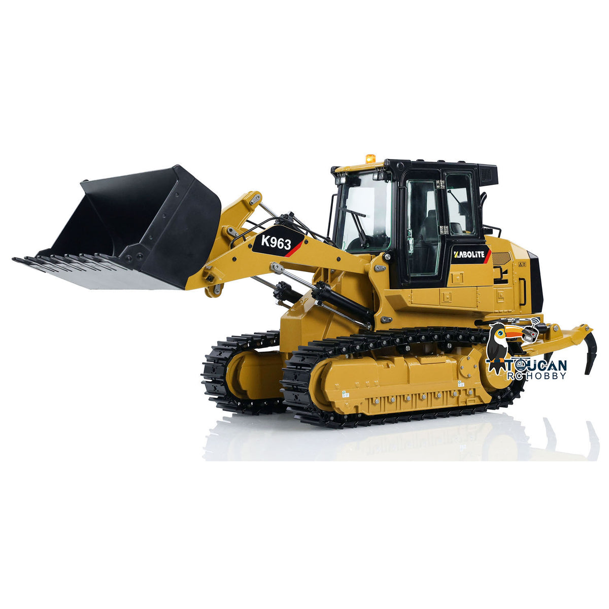 KABO‑K963‑100 1/16 RC Hydraulic Tracked Loader Yellow Oblique Static Parking View,Electrostatic Spraying Finish For Durable Surface Texture