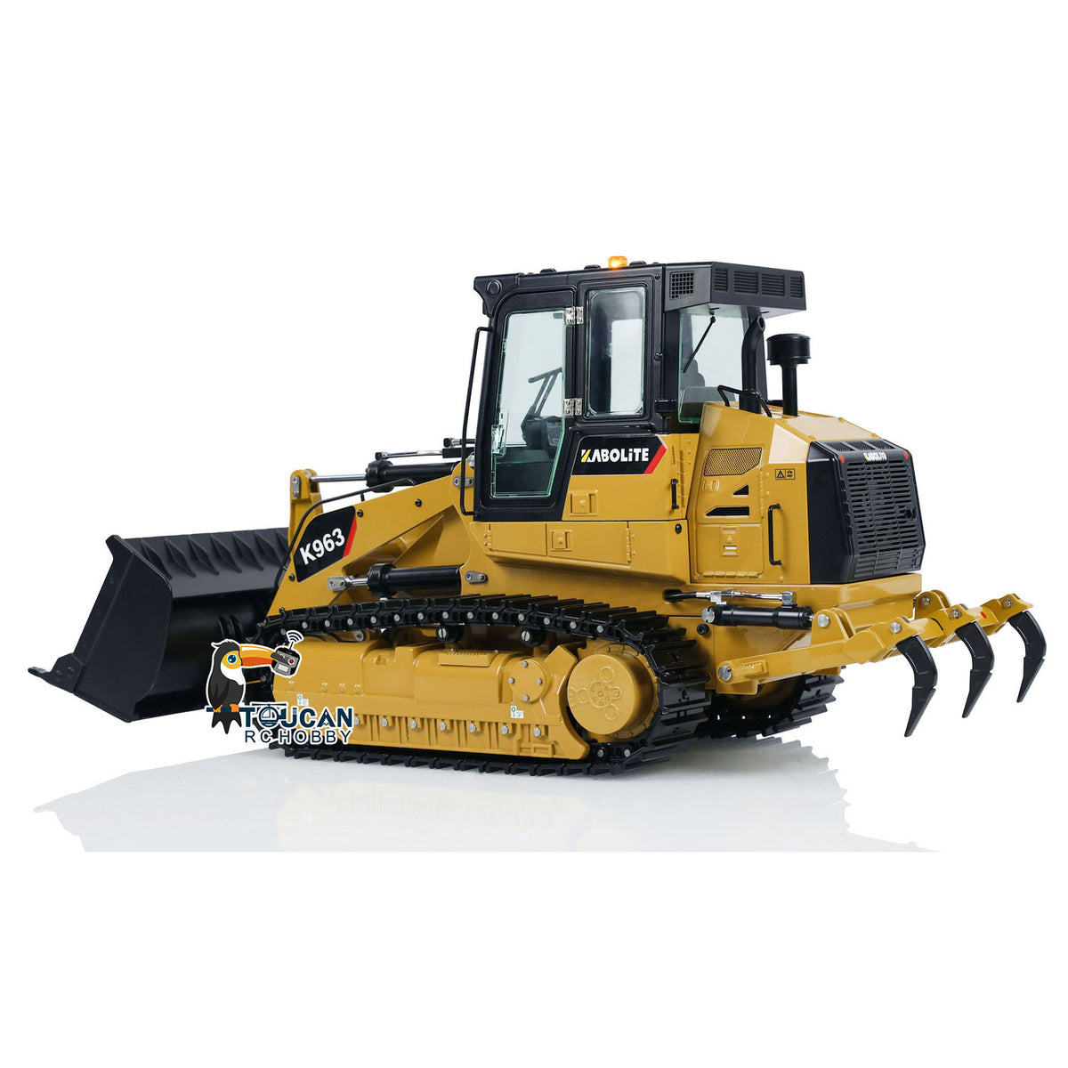 KABO‑K963‑100 1/16 RC Hydraulic Tracked Loader Yellow Rear‑Side View With Rear Claw Attachment,High‑Detail Scale Exterior Decoration