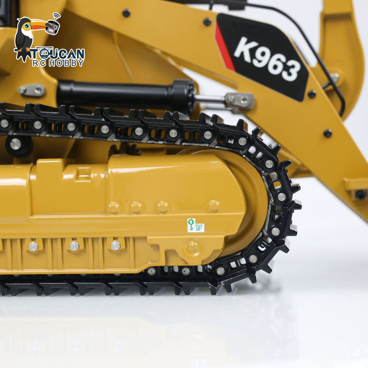 KABO‑K963‑100 1/16 RC Hydraulic Tracked Loader Side Close‑Up,Metal Track Assembly And Detailed Body Marking Decal