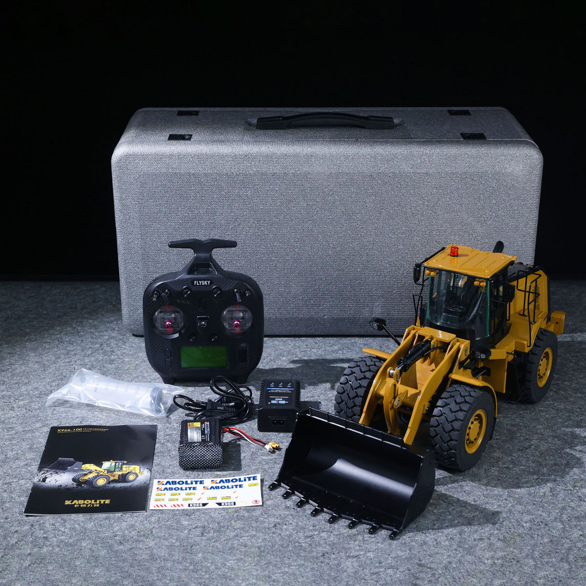 KABO‑K966 1/16 RC Hydraulic Wheel Loader Yellow Complete Package With Storage Case, Full Original Accessories Assembly Display