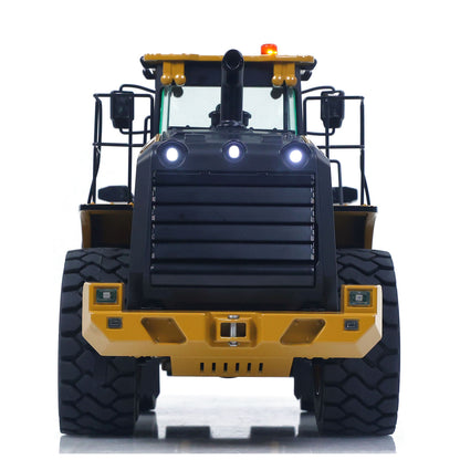 KABO‑K966 1/16 RC Hydraulic Wheel Loader Yellow Straight Front View, Multi‑Mode Functional LED Lighting System