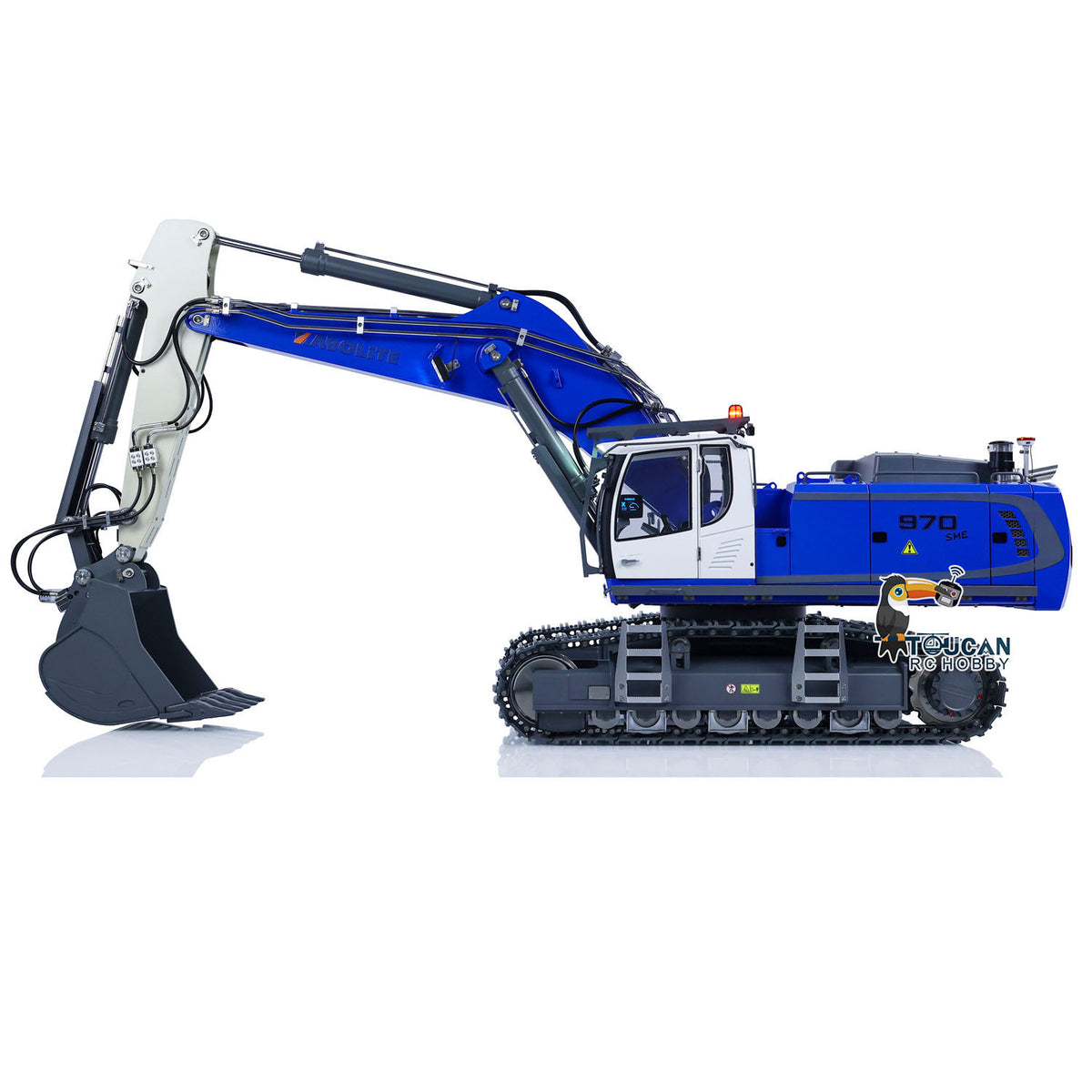 KABO‑K970‑100S‑PRO 1/14 RC Hydraulic Excavator Blue‑White 45‑Degree Oblique Full‑Body View,Stainless Steel Drive Components