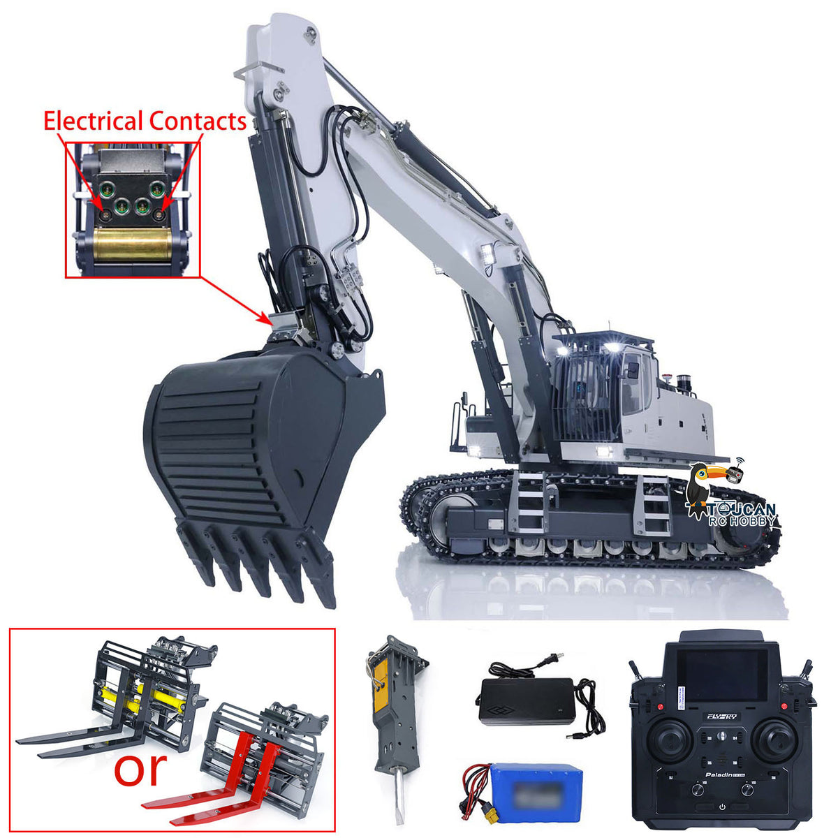 KABO‑K970‑100S‑PRO 1/14 RC Hydraulic Excavator Silver‑White Variant,Expandable Hydraulic Channels For Optional Attachments,Multi‑Color Options Available
