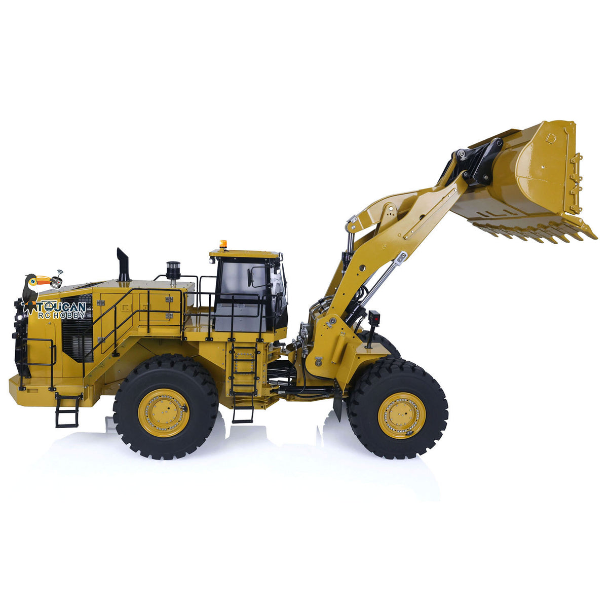 KABO‑K988‑100S 1/14 RC Hydraulic Wheel Loader Yellow Boom‑Lift Dumping Working Pose, Hydraulic Lifting Action Demonstration