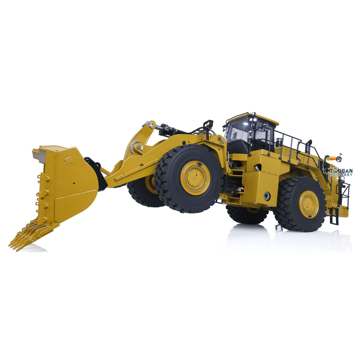 KABO‑K988‑100S 1/14 RC Hydraulic Wheel Loader Yellow Digging Working Pose, Quick‑Detach Rock Bucket Assembly