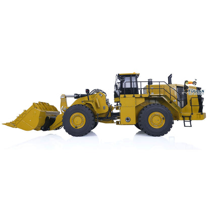 KABO‑K988‑100S 1/14 RC Hydraulic Wheel Loader Yellow Side View, Flat Rock Bucket Position, Heavy‑Duty Metal Chassis Structure