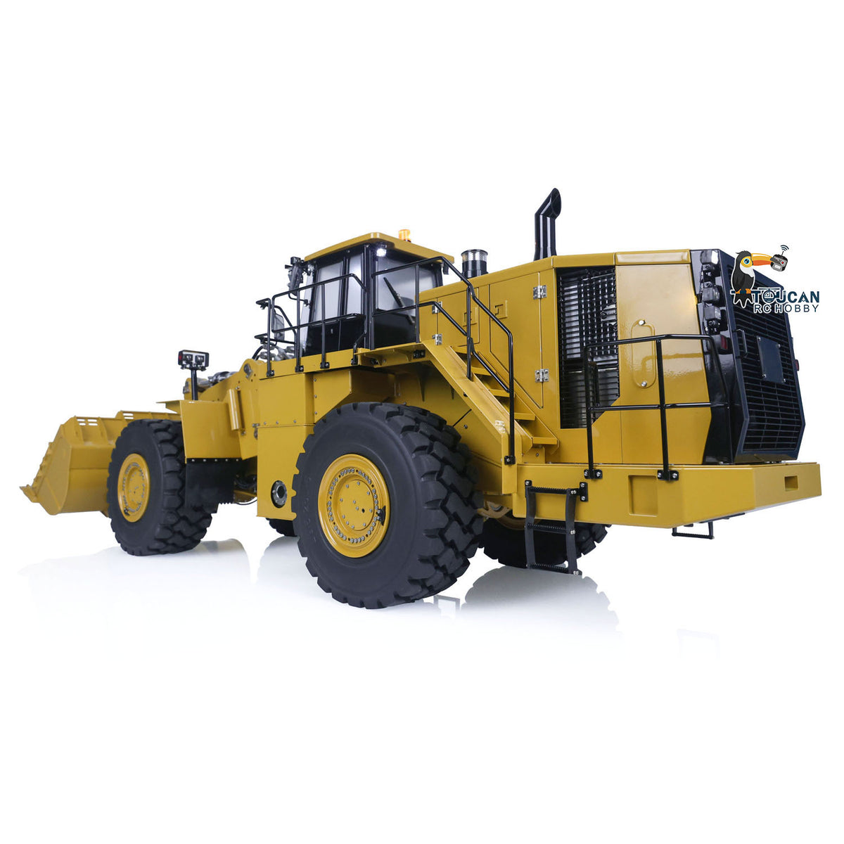 KABO‑K988‑100S 1/14 RC Hydraulic Wheel Loader Yellow Tail Side Profile View, Simulated Heavy Construction Vehicle Appearance