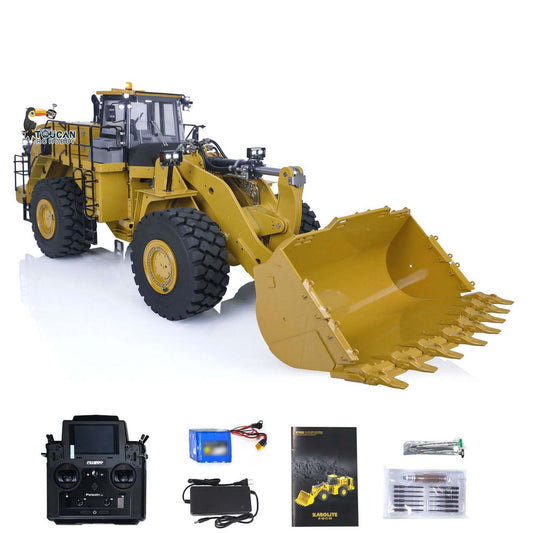 KABO‑K988‑100S 1/14 Metal RC Hydraulic Wheel Loader Yellow Version, PL18Lite Transmitter, 6‑Way Directional Valve, 2‑Speed Transmission, Differential Lock, Quick‑Detach Rock Bucket, Light & Sound System, Battery And Charger Included