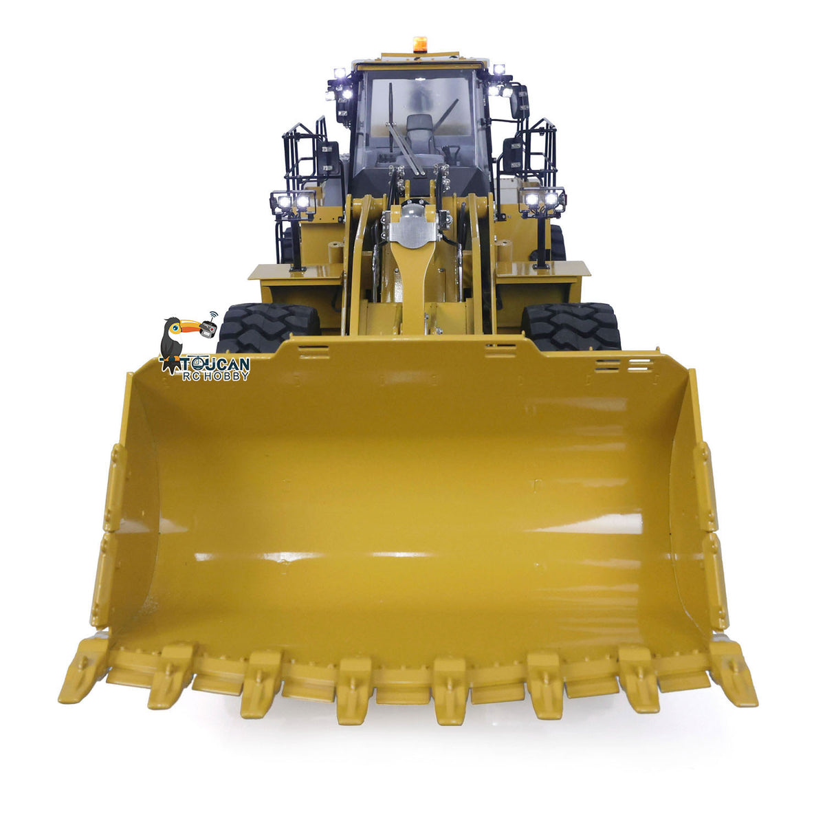 KABO‑K988‑100S 1/14 RC Hydraulic Wheel Loader Front View, Reinforced Metal Rock Bucket With Bucket Teeth Detail