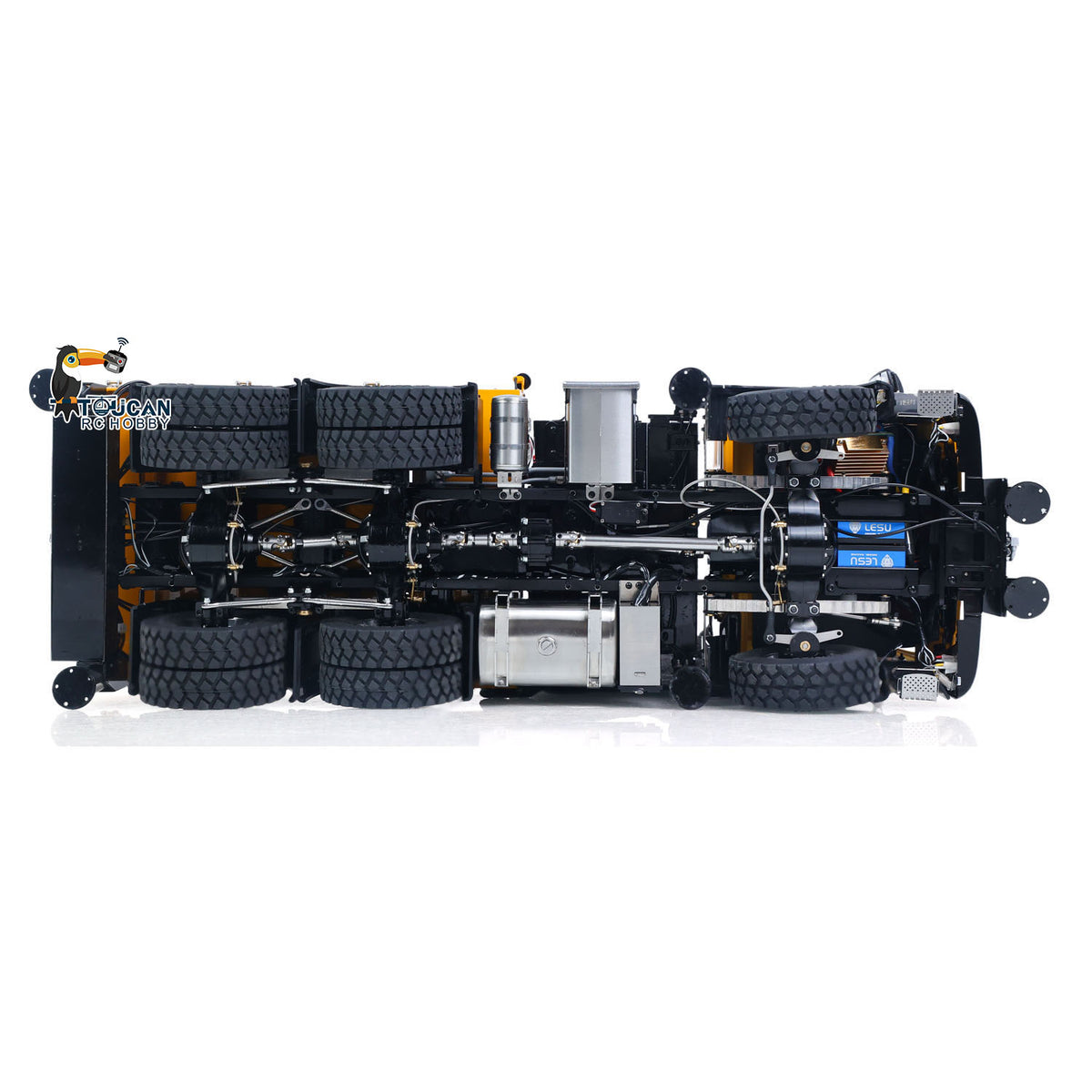 LESU 1/14 RC 6X6 Hydraulic Crane Truck Top-Down Chassis View, Full 6X6 Drivetrain, 3-Speed Gearbox, Leaf Spring Suspension