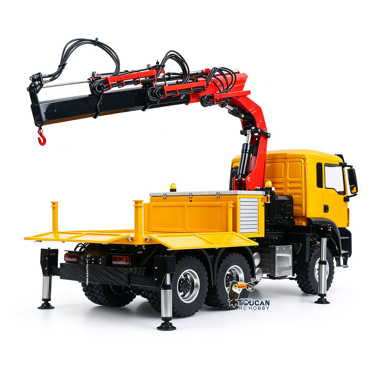 LESU 1/14 RC 6X6 Hydraulic Truck Mounted Crane Yellow, Extended Crane Working Pose, Integrated Hydraulic Power Station