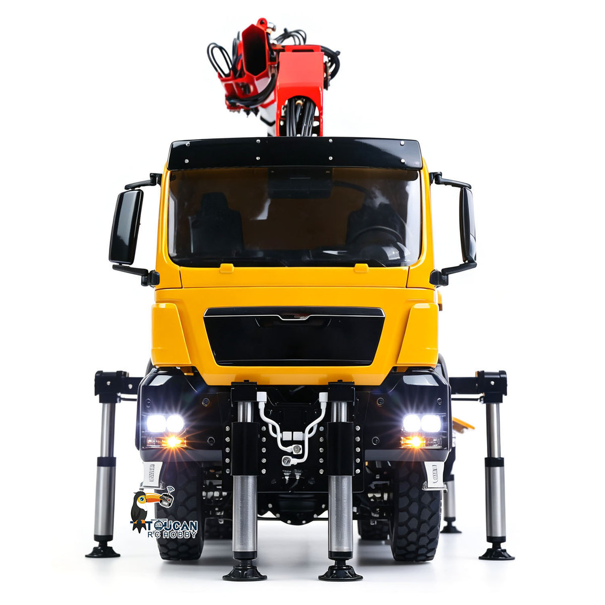 LESU 1/14 RC 6X6 Hydraulic Crane Truck Yellow Straight Front View, Illuminated Headlights, 2-Wheel Front Steering For Narrow Spaces